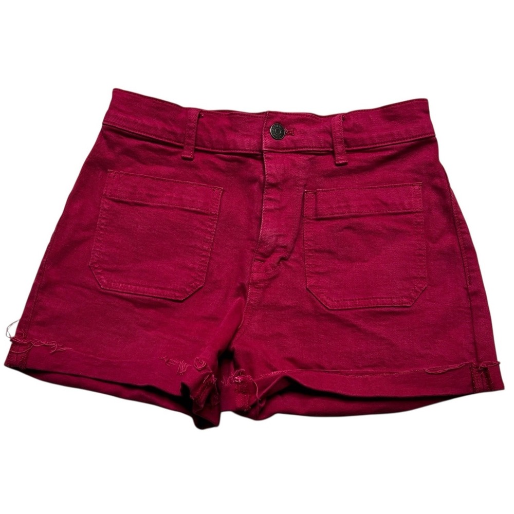 Madewell‎ Denim Utility Shorts Womens 25 Red High Rise Patch Pocket Raw Hem
